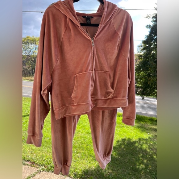 Victoria's Secret L TRACKSUIT SET Full-zip Hoodie+jogger pant PINK VELOUR